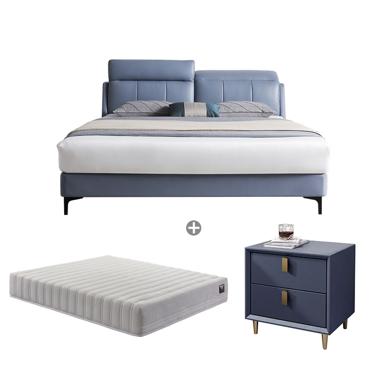 CBD FURNITURE CBD家居  D068 现代简约实木床 晨雾蓝TD79+铂晶床垫+G008床头柜1个 180*200cm