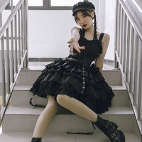 with puji 噗叽 Lolita洛丽塔 暮色 三段式裙摆jsk连衣裙 黑色