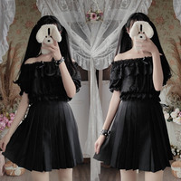 魔塔大陆 Lolita洛丽塔 内搭抹胸 一字领泡泡袖打底衫 黑色