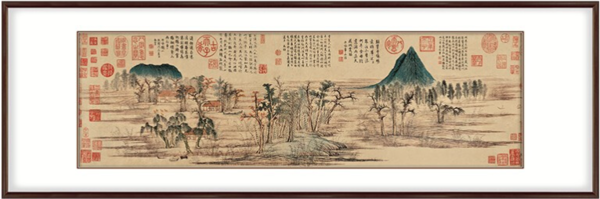 弘舍 赵孟頫《鹊华秋色图》150x55cm 宣纸 红褐色黄杨木框