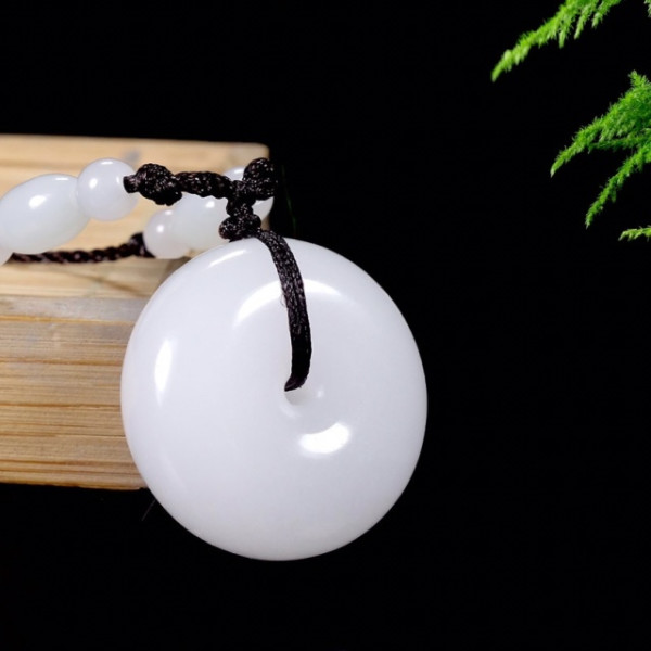 新疆羊脂白金丝玉平安扣 直径约25mm 送挂绳