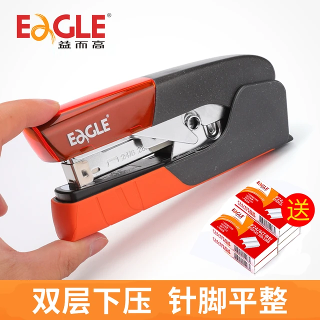 益而高 省力订书机平针脚型订书器12号通用针24/6标准钉书器学生办公用可订25页手动装订 醒目橙款+5盒订书针