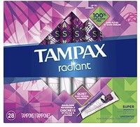 TAMPAX 丹碧丝 Radiant 塑料卫生棉条，常规腹部，无香味，32 支装，4 支装 超紧凑 4片装 128