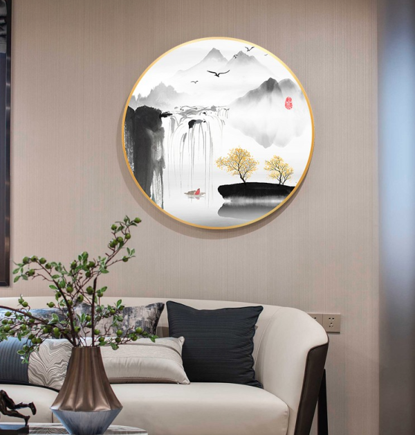 轩色林新山水风景油画d款80x80cm圆形实木框