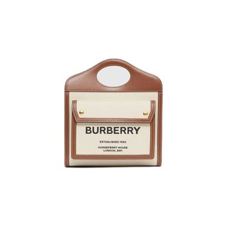 BURBERRY 博柏利 女士迷你双色帆布拼皮革口袋包 80393611 自然色/麦芽棕色