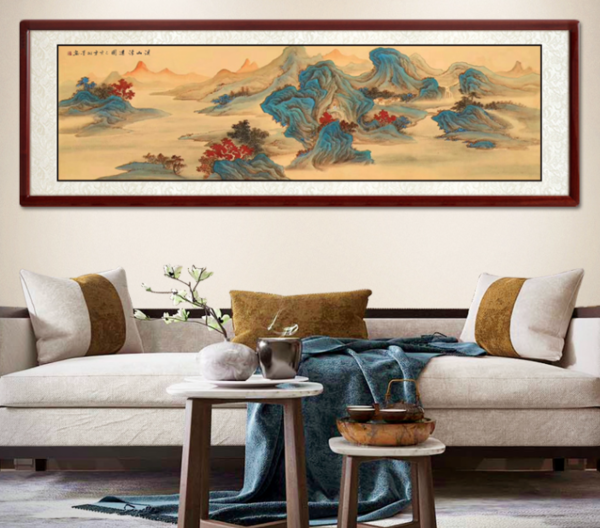尚得堂 羽墨 原创手绘《溪山清远图》156x46cm 宣纸 沙比利实木框