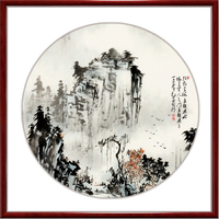 紫腾随轩 新中式山水招财书房壁画 图2 50x50cm 红木色实木框