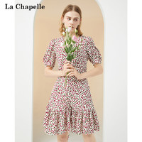 La Chapelle 轻熟风泡泡袖樱桃碎花雪纺连衣裙女2022夏季新款收腰裙子
