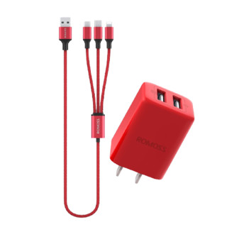 ROMOSS 罗马仕 TK12S 手机充电器 双USB-A 10.5W+Type-C/Lightning/Micro-B 数据线 尼龙编织 1.2m 红色