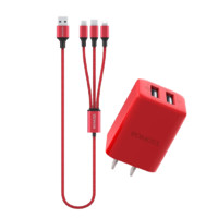 ROMOSS 罗马仕 TK12S 手机充电器 双USB-A 10.5W 红色+Type-C/Lightning/Micro-B 数据线 尼龙编织 1.2m 红色 两条装