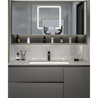 Uniler 联勒 实木轻奢浴室柜 岩板陶瓷平盆-墨影灰-智能对开镜柜 80cm