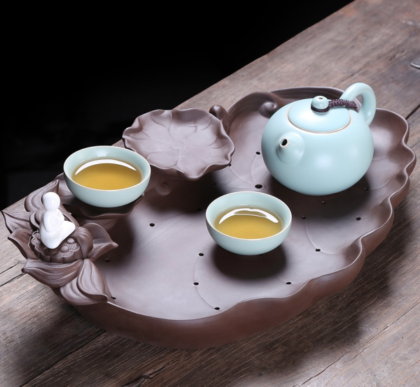 祥业 紫砂储水式荷叶茶盘 38x22.5x8.2cm 650mt