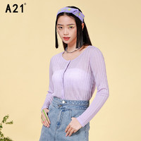 A21 女装2021年夏季新款毛衣修身薄款圆领长袖短装开衫单层线衫甜美日系针织上衣 粉紫 S