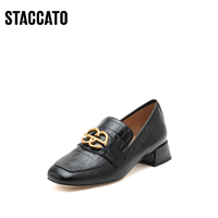 STACCATO 思加图 新款英伦风乐福鞋复古方头粗跟单鞋女皮鞋9SC68CA1