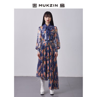 MUKZIN 密扇 2019新款商场同款设计印花复古长袖飘带领女秋裙连衣裙