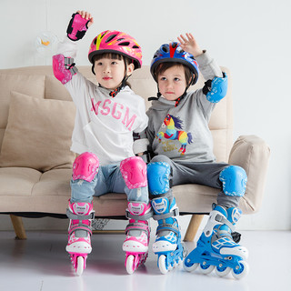 米高 儿童轮滑鞋护具滑板车旱冰溜冰鞋平衡车加厚护膝护肘护手套装 S（适合20-35） K7新款护具六件套蓝色