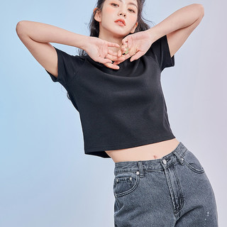 HSTYLE 韩都衣舍 H黑科技系列 女士圆领短袖T恤 LU9621 短款 黑色 XL