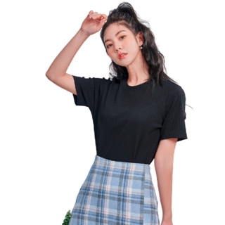 HSTYLE 韩都衣舍 H黑科技系列 女士圆领短袖T恤 LU9621 常规款 黑色 XL