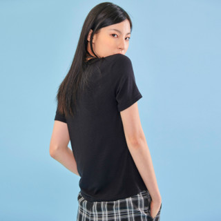 HSTYLE 韩都衣舍 H黑科技系列 女士圆领短袖T恤 LU9621 常规款 黑色 XL