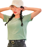 HSTYLE 韩都衣舍 H黑科技系列 女士圆领短袖T恤 LU9621 短款 绿色 XL
