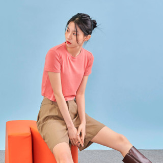 HSTYLE 韩都衣舍 H黑科技系列 女士圆领短袖T恤 LU9621 短款 橘粉色 M
