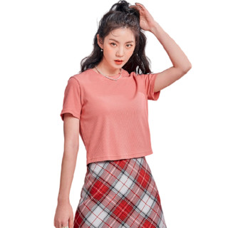 HSTYLE 韩都衣舍 H黑科技系列 女士圆领短袖T恤 LU9621 短款 橘粉色 XL