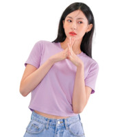 HSTYLE 韩都衣舍 H黑科技系列 女士圆领短袖T恤 LU9621 短款 紫色 L