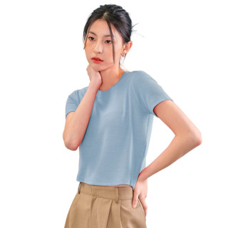 HSTYLE 韩都衣舍 H黑科技系列 女士圆领短袖T恤 LU9621 短款 蓝色 M