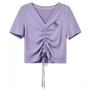 CHIU·SHUI 秋水伊人 女士V领短袖T恤 622203B502125 紫色 M