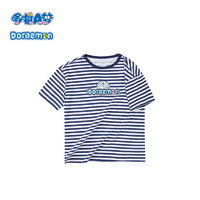 Doraemon 哆啦A梦 童装官方旗舰店短袖T恤男女童新款潮条纹字母机器猫印花圆领休闲全棉上衣