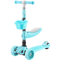 北国e家 儿童可滑可坐踏板车二合一多功能可折叠滑板车  5CM大轮蓝色带灯光音乐+座椅