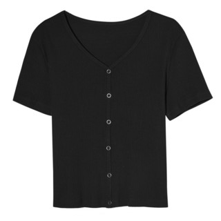 3COLOUR 三彩 女士V领短袖T恤 W372E4001Z20 黑色 XL