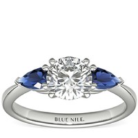 补贴购：Blue Nile 0.93克拉圆形切工钻石+经典梨形蓝宝石戒托
