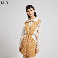 LILY 2022春新款女装抽绳高腰显瘦休闲运动风立领老花长袖连衣裙