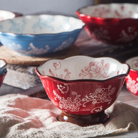 华孚 手绘日式红色陶瓷家用米饭碗手柄碗双耳沙拉碗大容量菜碗套装