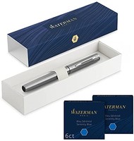 WATERMAN 威迪文 Allure 钢笔 | 镀铬 | 细笔尖 | 带 12 个短蓝色墨盒 | 礼品盒
