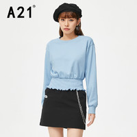 A21 女装针织宽松圆领落肩长袖卫衣短装衫 粉蓝 M