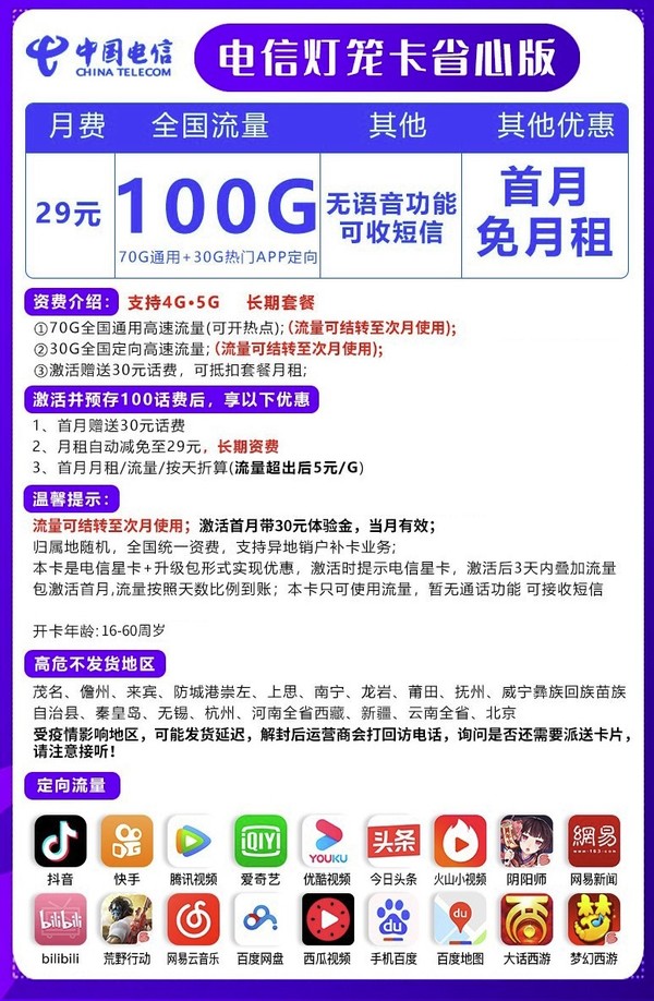 CHINA TELECOM 中国电信 灯笼卡 29元/月（70GB通用+30GB定向）长期套餐