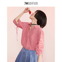 7M 拉夏贝尔7M五分袖格子衬衫女装新款韩版蝴蝶结v领短袖雪纺衫通勤