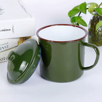 敏程 搪瓷茶杯 老式怀旧茶缸子怀旧经典老干部茶缸军绿色杯子 12cm搪瓷杯带盖