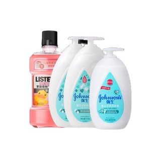 Johnson & Johnson 强生 婴儿多肽牛奶系列 婴儿护肤套装 沐浴露 1kg*2瓶+润肤乳 500ml+LISTERINE 李施德林 儿童漱口水 B.Duck小黄鸭联名款 树莓味 500ml