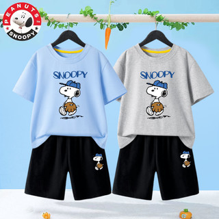 SNOOPY 史努比 童装儿童套装男孩夏天两件套宝宝T恤洋气学生运动裤子 灰色上领T恤-黑短裤-z书包 100