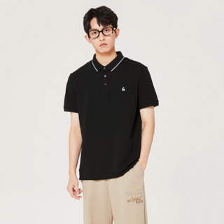 JACK&JONES 杰克琼斯 男士短袖POLO衫 222106026 黑色/白色 S