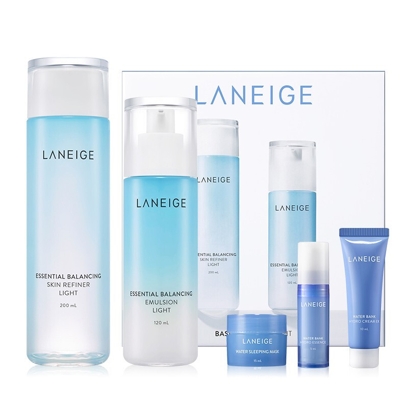 LANEIGE 兰芝 水库护肤套装 (凝肌清爽保湿水200ml+保湿乳200ml+高保湿精华露5ml+凝肌凝霜10ml+水润轻透睡眠面膜15ml)