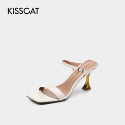 KISSCAT 接吻猫 春夏季新款休闲流行方头高跟鞋压纹露趾经典复古凉鞋女