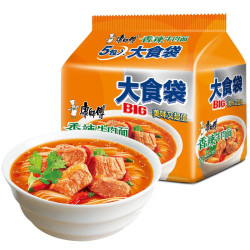 康师傅 方便面 大食袋香辣牛肉面144g*5包 泡面袋装 早餐速食 香菜