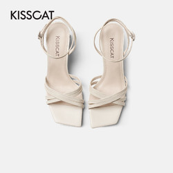 KISSCAT 接吻猫 夏季新款时尚方头粗跟凉鞋柔软羊皮休闲一字带时装单鞋