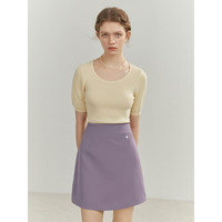 范思蓝恩 22FS2060大U领泡泡袖短袖针织衫女短款修身打底t恤上衣 紫兰 M 米杏色 S