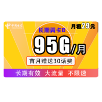 中国电信 长期翼卡B 29元月租 （65GB通用、30GB专属）