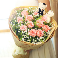 PLUS会员：I'M HUA HUA 鲜花速递 11朵粉玫瑰花束+两小熊